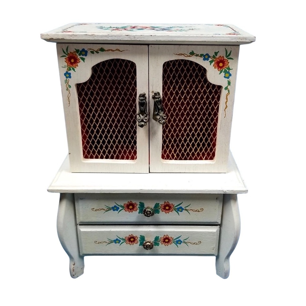 Rare! Vtg Toyo Hand Painted Floral Musical Jewelry Box Armoire Wood 2 Drawer‎